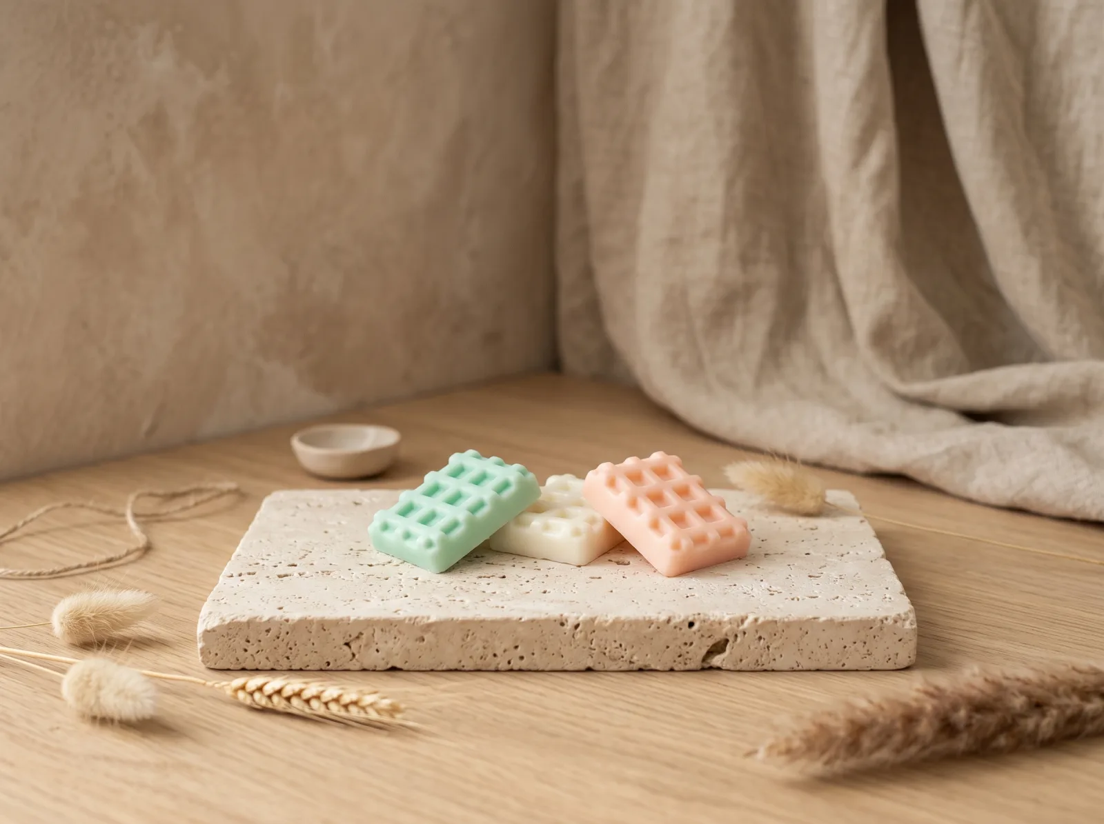 Trois fondants parfumés en forme de gaufre, posés sur une pierre