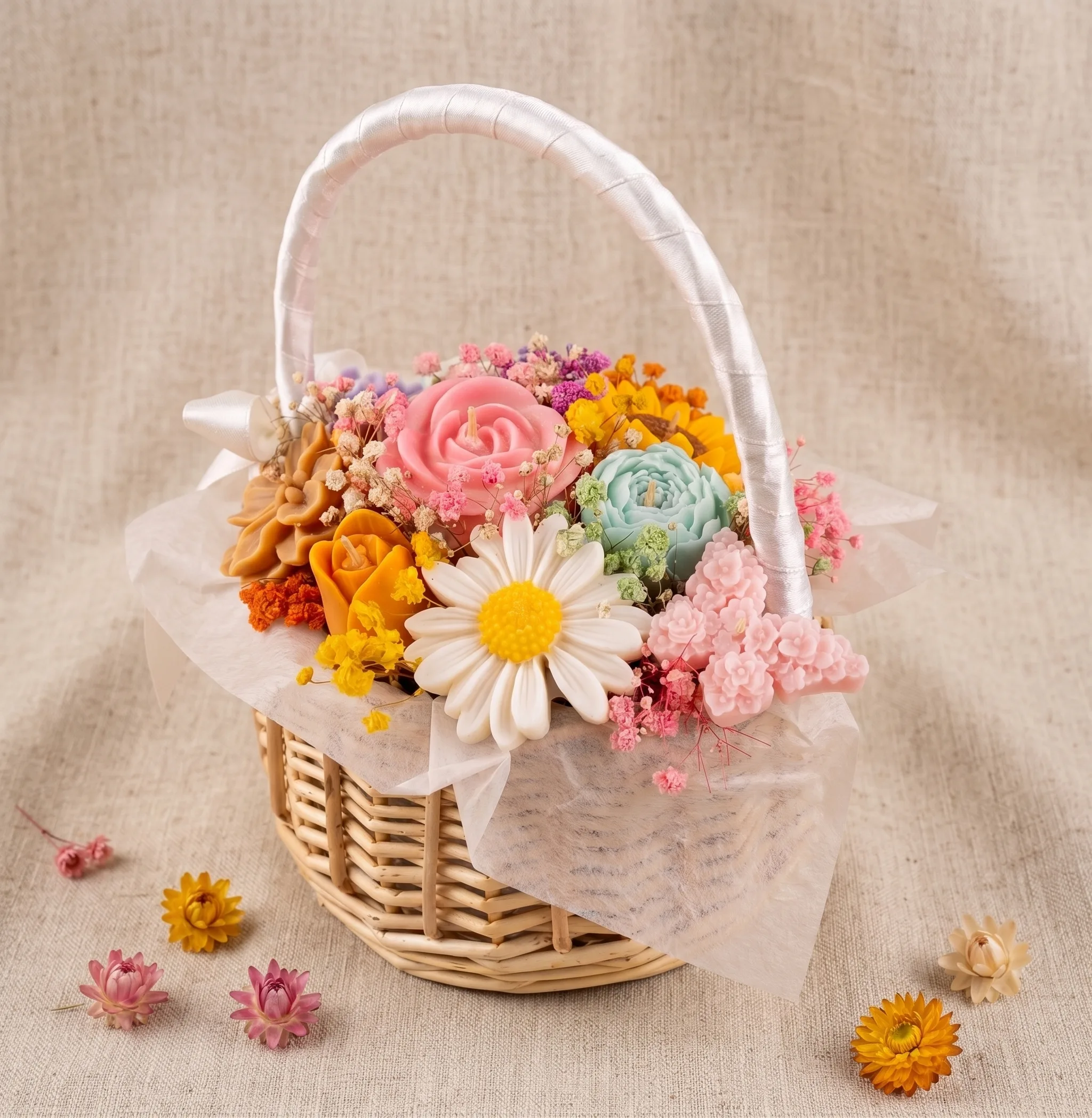 Panier garni de fleurs en cire tenu à la main